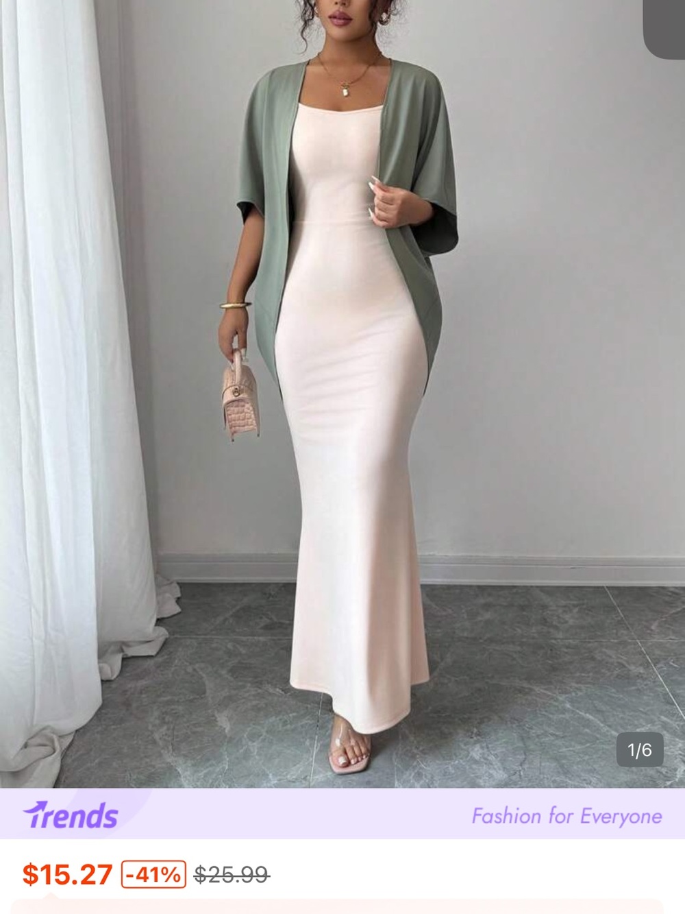 SHEIN Cream Square-Neck Maxi Dress with Sage Open-Front Cardigan